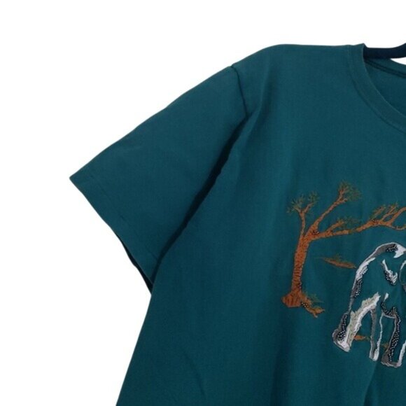 Vintage 90s Womens Hanes Embroidered Elephant Graphic Teal Short Sleeve T Shirt - Picture 3 of 6